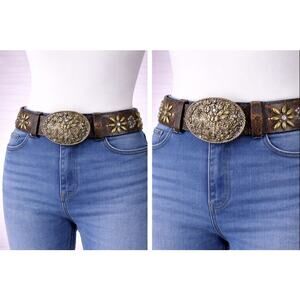 Nocona Western Leather Belt Brown Floral Concho Rhinestone Studded Size M